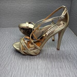 Badgley Mischka Gold Strappy Heels‎ 6.5M Platform Ankle Strap Evening Shoes